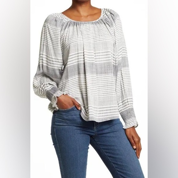Tommy Bahama Relaxed Ruched Gray and White Blouse - Picture 1 of 15